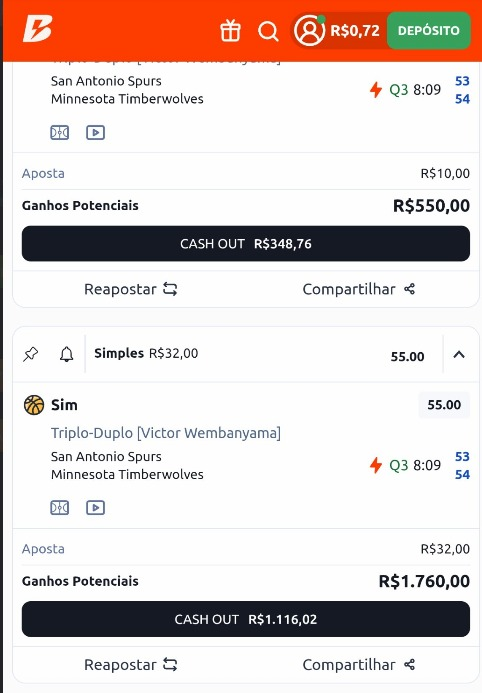 Comprovante: Delay ao vivo (Cashout NBA)